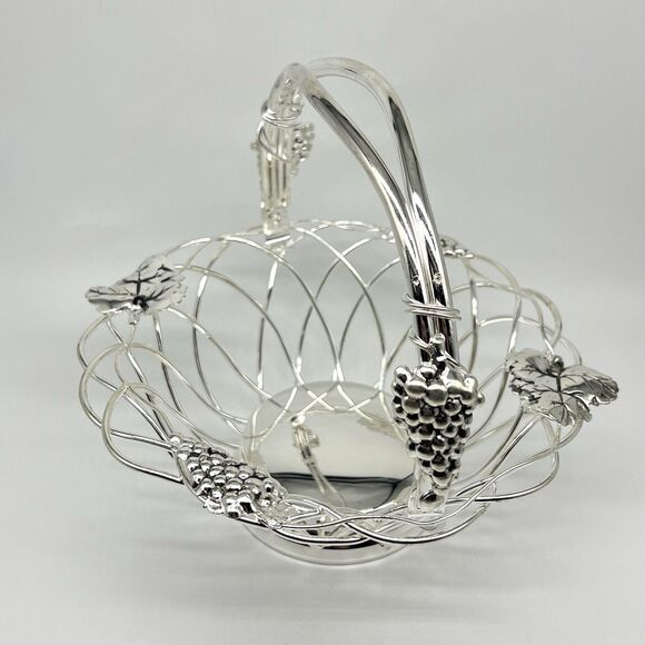 VTG Studio Silversmiths Silverplated Wire Round Basket Grape Clusters & Leaves - Picture 4 of 15